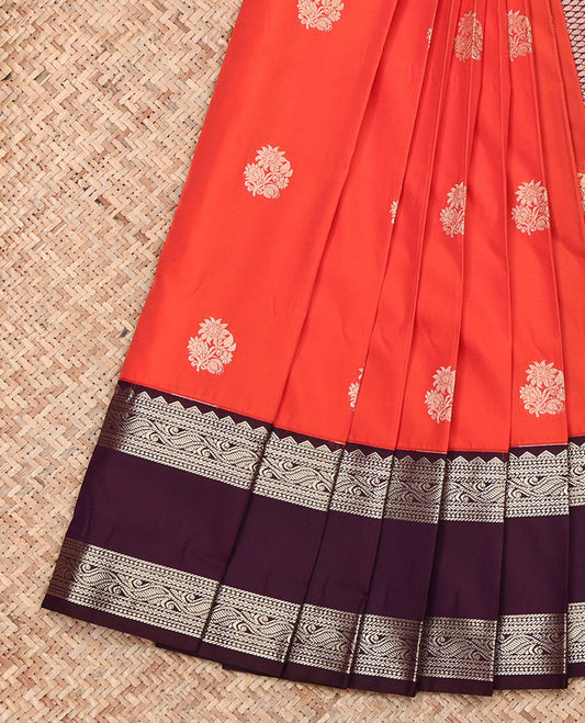 Rust Budget Silk Saree, Bedecked with Zari Buttas, Complemented by a Contrast Traditional Zari Rettai Pettu Border, Pallu of Jaal Designs, and a Contrast Blouse