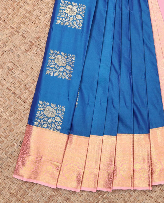 Blue Budget Silk Saree, Adorned with Square Buttas, Complemented by Contrast Traditional Zari Border, Grand Pallu and a Contrast Blouse