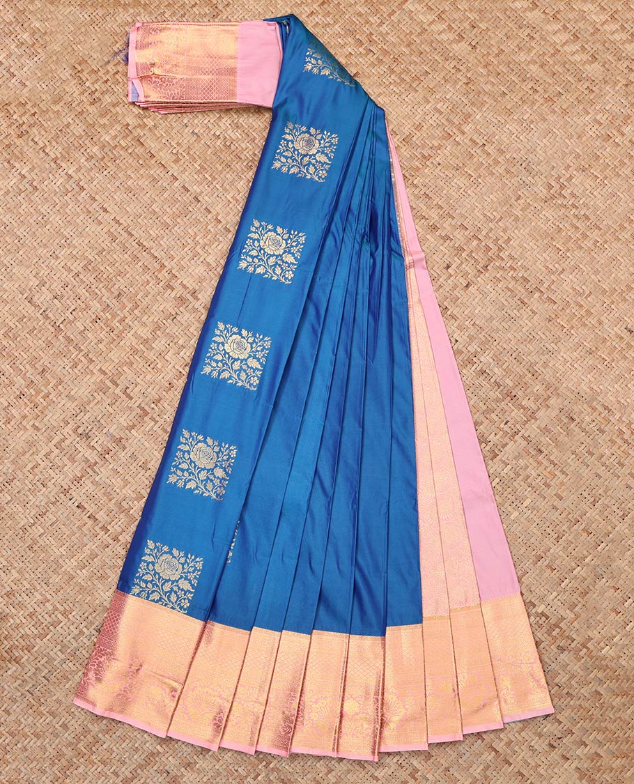 Blue Budget Silk Saree, Adorned with Square Buttas, Complemented by Contrast Traditional Zari Border, Grand Pallu and a Contrast Blouse