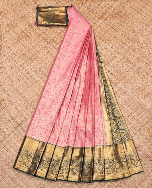 Pink Budget Silk Saree, Enthralled with Jacquard Design, Complemented by Contrast Traditional Zari Border, Intricate Pallu, and Contrast Blouse