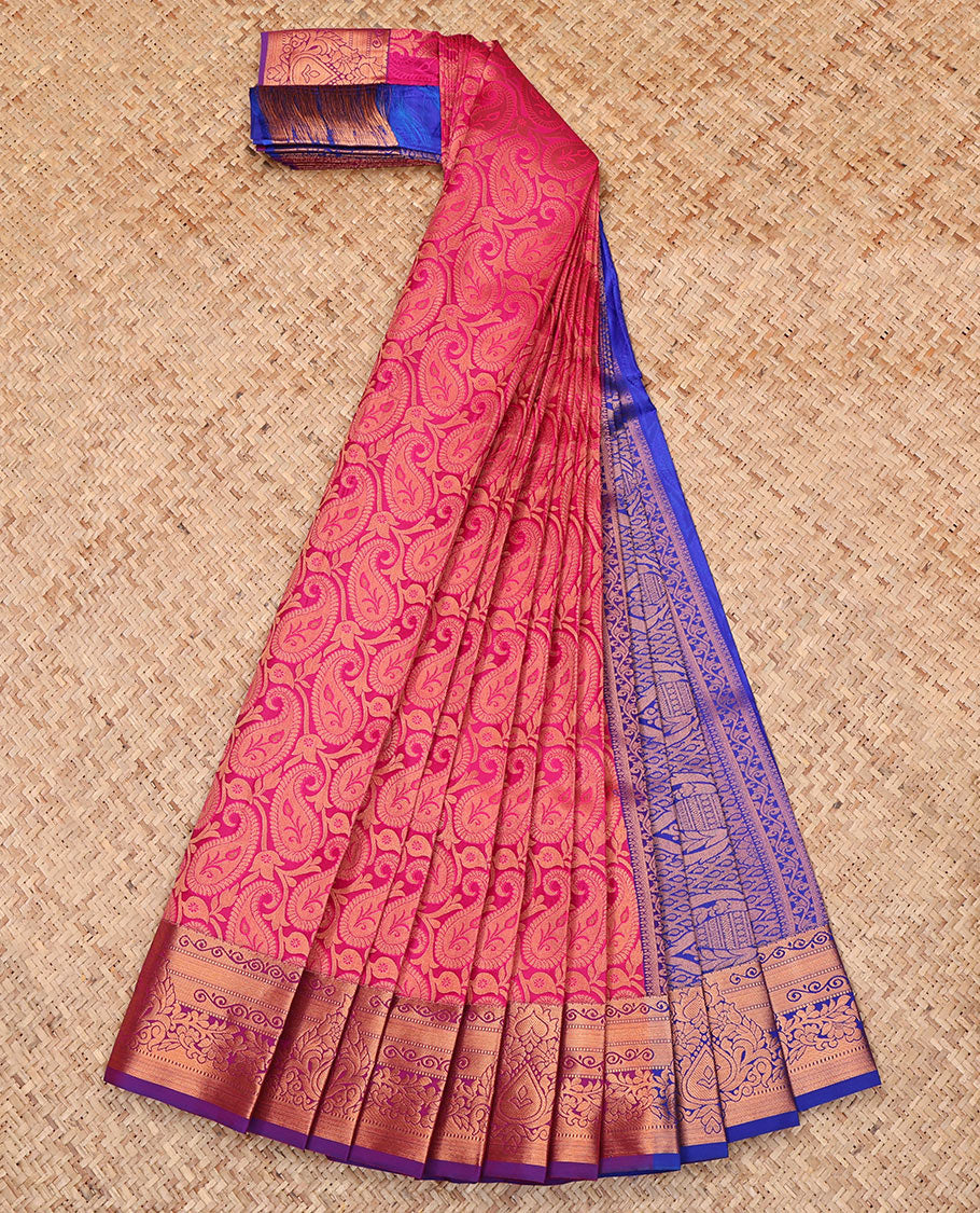 Pink Budget Silk Saree Showcasing Jacquard Design, Complemented by a Contrast Zari Border, Grand Pallu, and Contrast Blouse