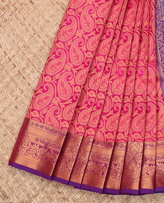 Pink Budget Silk Saree Showcasing Jacquard Design, Complemented by a Contrast Zari Border, Grand Pallu, and Contrast Blouse