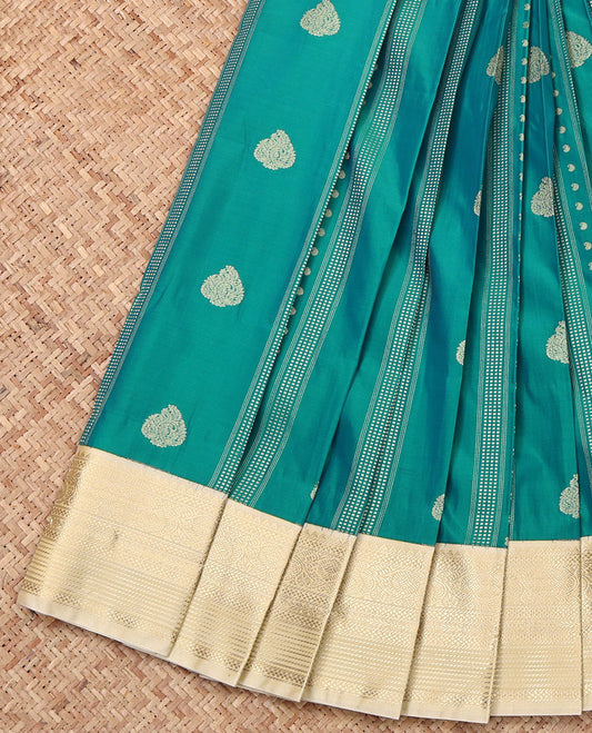 Green Budget Silk Saree, Detailed with Zari Buttas and Stripes, Complemented by Contrast Traditional Zari Border, Grand Pallu, and a Contrast Blouse