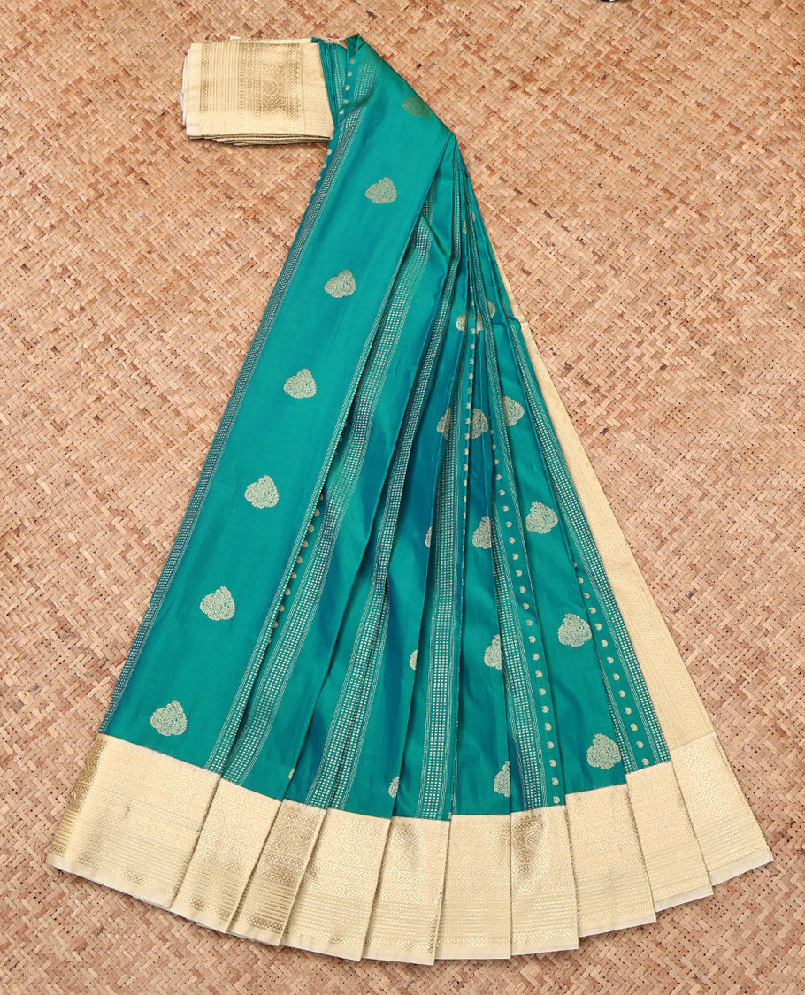 Green Budget Silk Saree, Detailed with Zari Buttas and Stripes, Complemented by Contrast Traditional Zari Border, Grand Pallu, and a Contrast Blouse