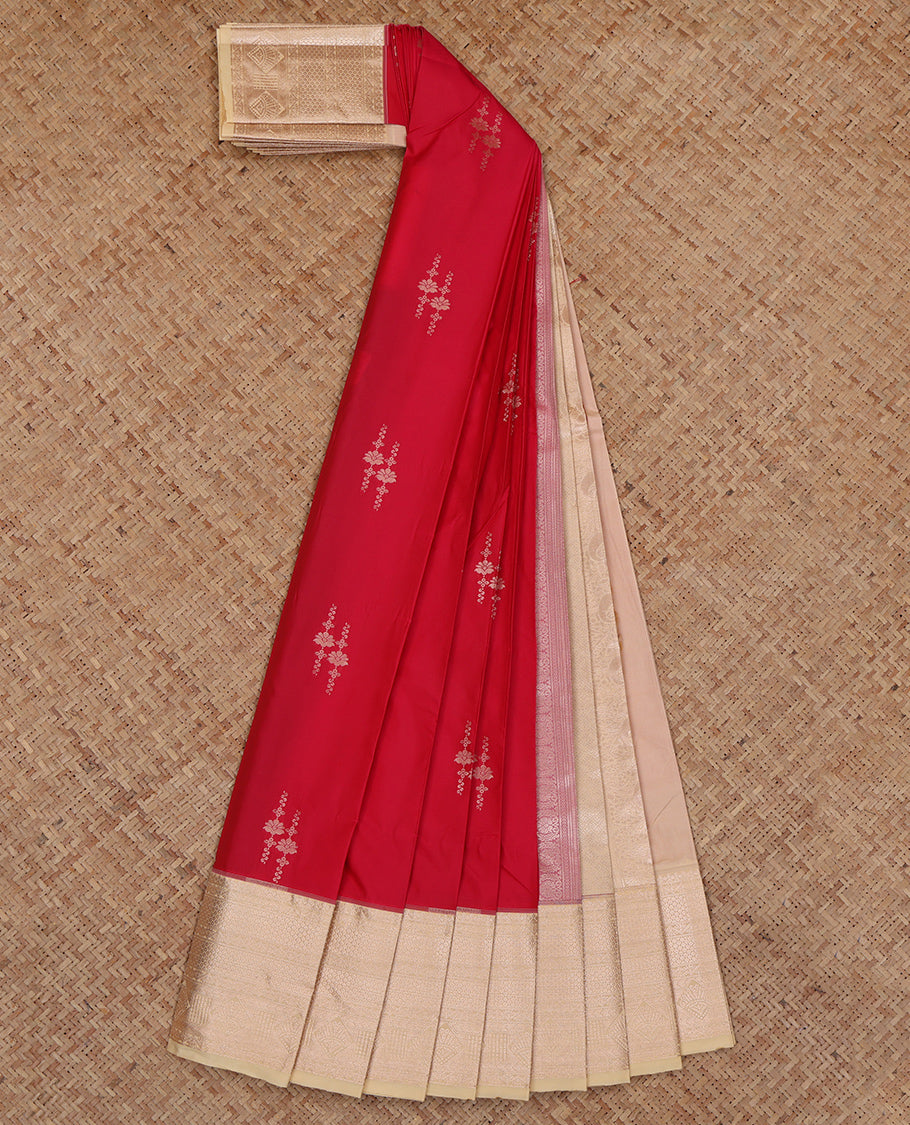 Red Budget Silk Saree, Finely Crafted with Zari Buttas, Complemented by a Contrast Traditional Zari Border, Grand Pallu, and a Contrast Blouse