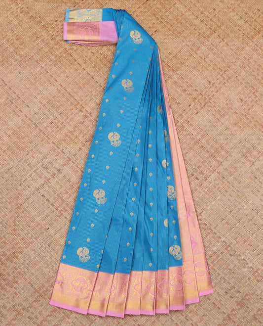 Blue Budget Silk Saree, Decorated with Stripes and Peacock Buttas, a Contrast Traditional Elephant Zari Border, a Grand Pallu and a Contrast Blouse