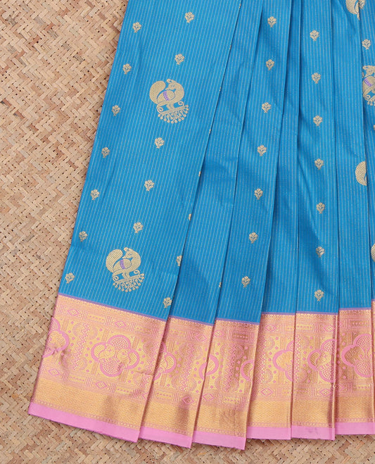 Blue Budget Silk Saree, Decorated with Stripes and Peacock Buttas, a Contrast Traditional Elephant Zari Border, a Grand Pallu and a Contrast Blouse