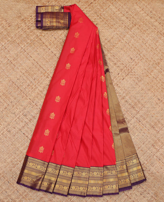 Red Budget Silk Saree, Enthralled with Zari Buttas, Complemented by Contrast Traditional Zari Border, a Jaal Pallu and a Contrast Blouse