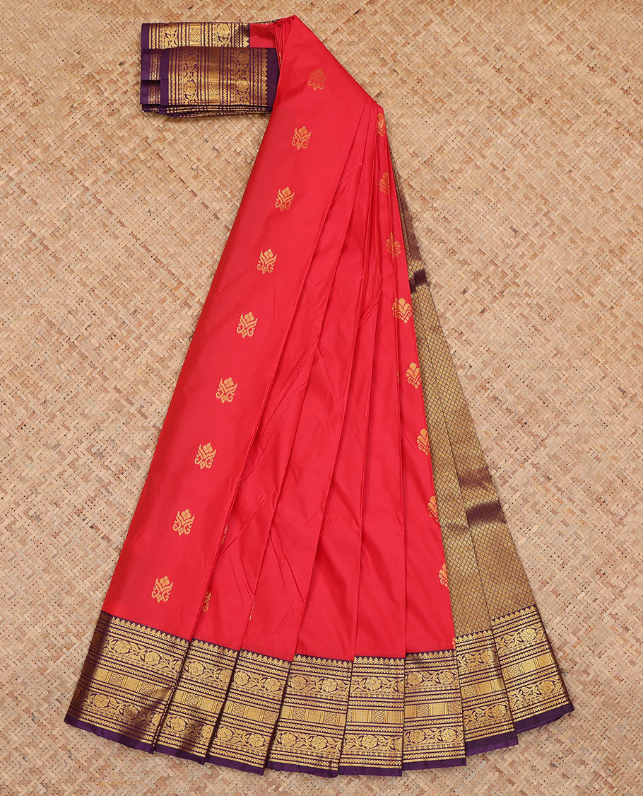 Red Budget Silk Saree, Enthralled with Zari Buttas, Complemented by Contrast Traditional Zari Border, a Jaal Pallu and a Contrast Blouse
