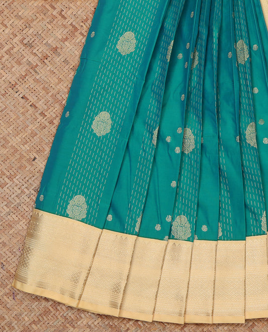 Green Budget Silk Saree, Woven with Zari Buttas, a Contrast Traditional Zari Border, Sparsely Woven Pallu, and a Contrast Blouse