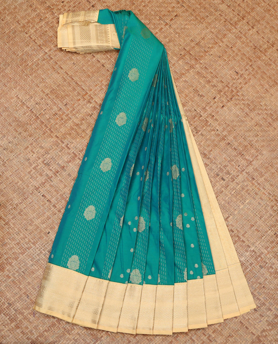 Green Budget Silk Saree, Woven with Zari Buttas, a Contrast Traditional Zari Border, Sparsely Woven Pallu, and a Contrast Blouse