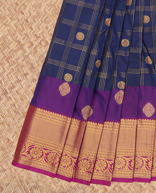 Navy Blue Budget Silk Saree, Elevated with Zari Buttas Enclosed Checks, a Contrast Traditional Zari Border, Grand Pallu, and a Contrast Blouse