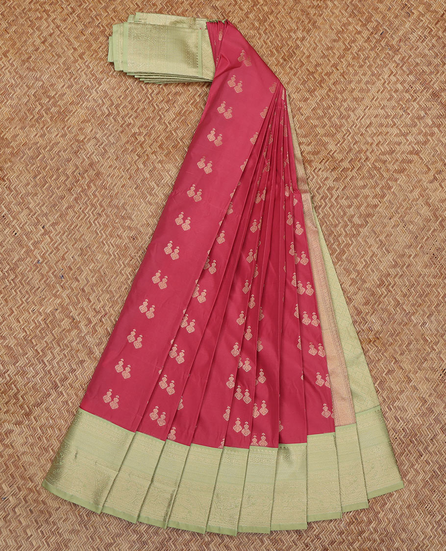Red Budget Silk Saree, Woven with Zari Buttas, a Contrast Traditional Zari Border, Grand Pallu, and a Contrast Blouse
