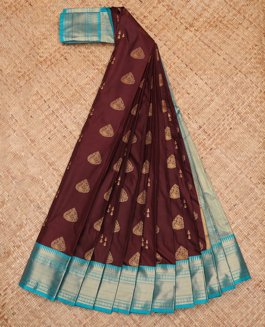 Brown Budget Silk Saree, Decorated with Zari Buttas, a Contrast Traditional Zari Border, Grand Pallu, and a Contrast Blouse