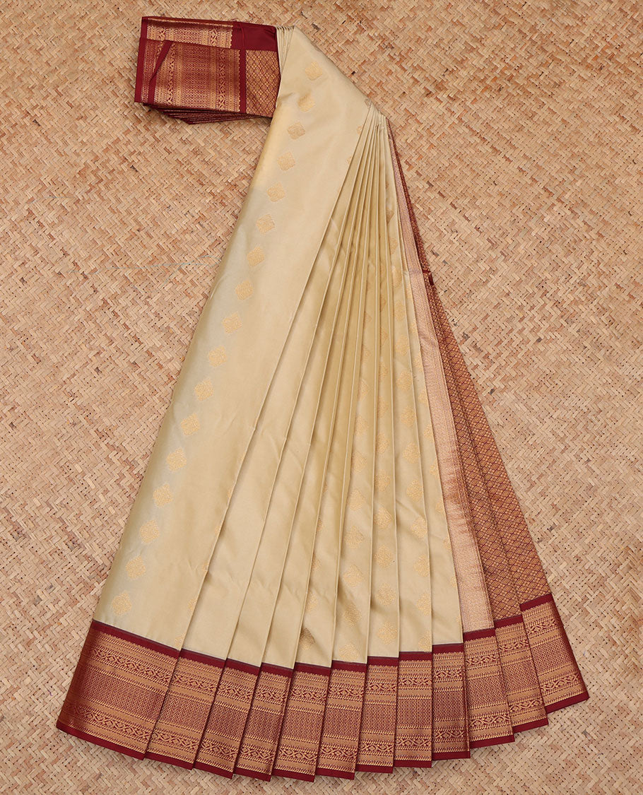 Sandal Budget Silk Saree, Sparsely Woven with Zari Buttas, a Contrast Traditional Zari Border, Intricate Pallu, and a Contrast Blouse