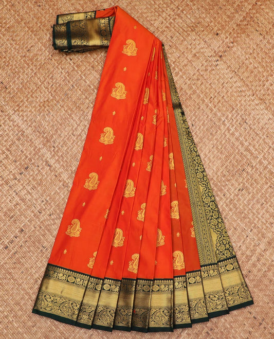 Orange zari buttas gift saree, contrast traditional zari design border, and paisley design pallu