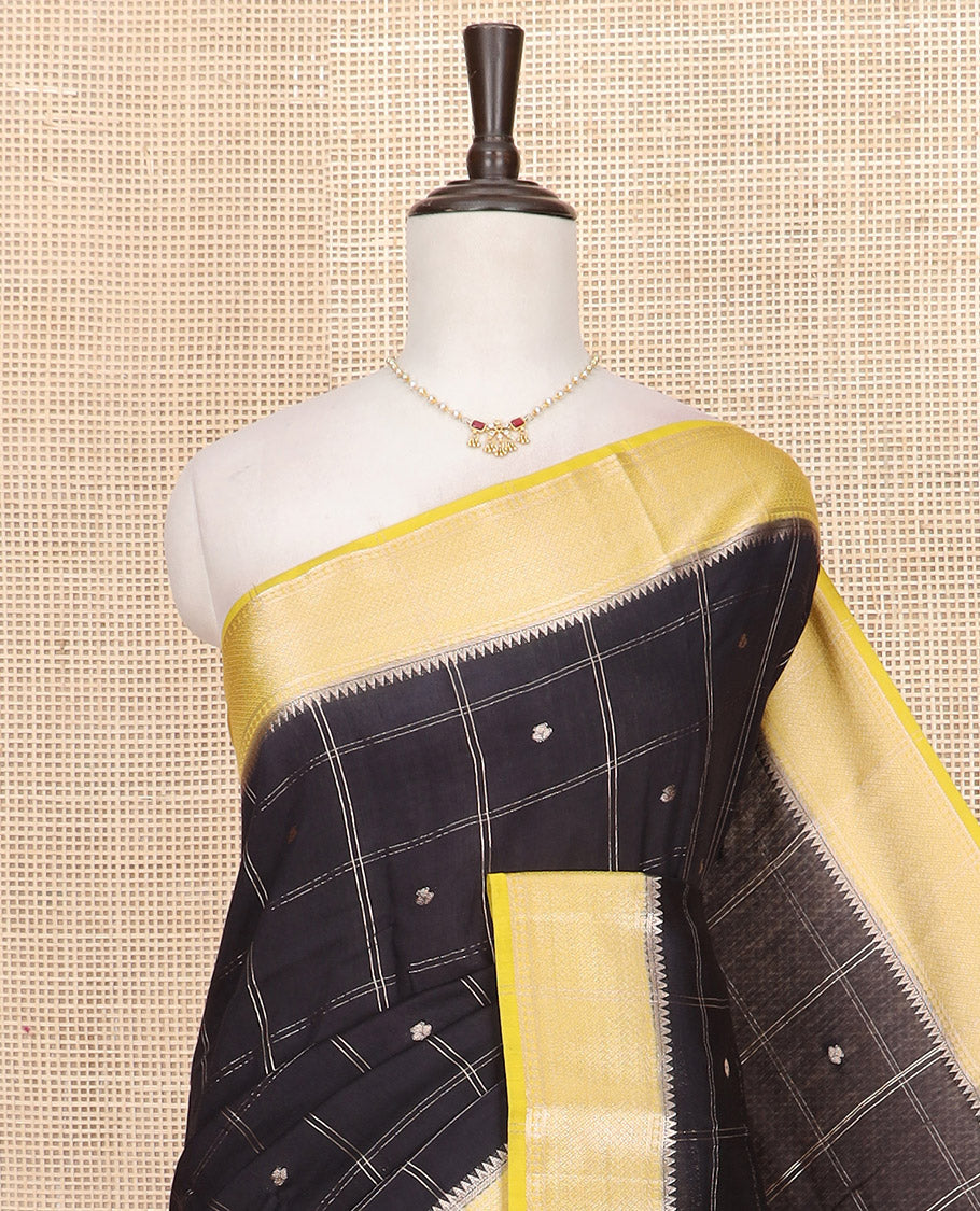 Black zari butta enclosed checked Assam silk saree, contrast temple traditional zari design border, and pallu of zari design