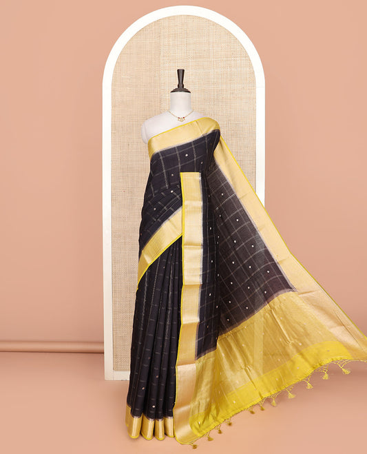 Black zari butta enclosed checked Assam silk saree, contrast temple traditional zari design border, and pallu of zari design