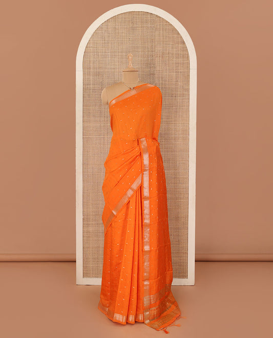 Orange buttas Assam cotton saree, traditional zari border, and zari striped pallu