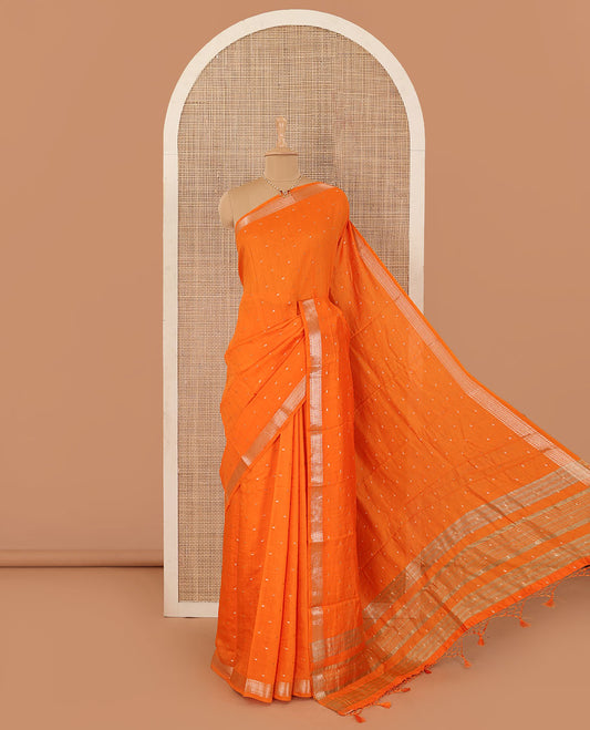 Orange buttas Assam cotton saree, traditional zari border, and zari striped pallu
