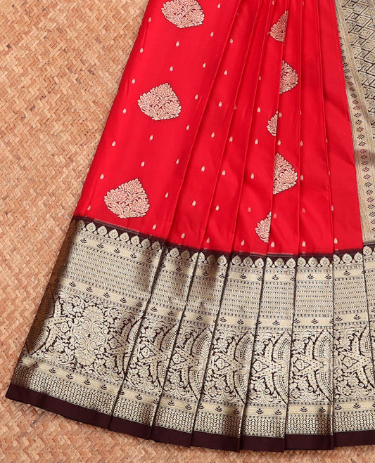 Red Budget Silk Saree, Spotlighted with Zari Buttas, Complemented by a Contrast Traditional Zari Border, Grand Pallu, and Contrast Blouse