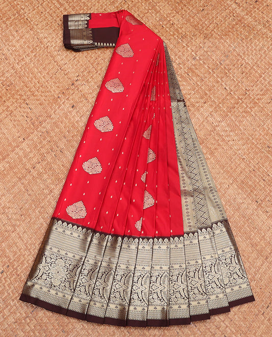 Red Budget Silk Saree, Spotlighted with Zari Buttas, Complemented by a Contrast Traditional Zari Border, Grand Pallu, and Contrast Blouse