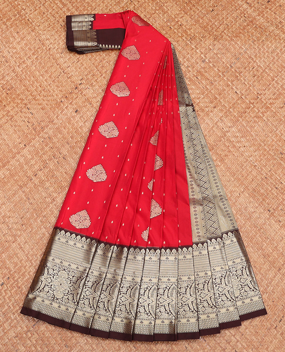 Red Budget Silk Saree, Spotlighted with Zari Buttas, Complemented by a Contrast Traditional Zari Border, Grand Pallu, and Contrast Blouse