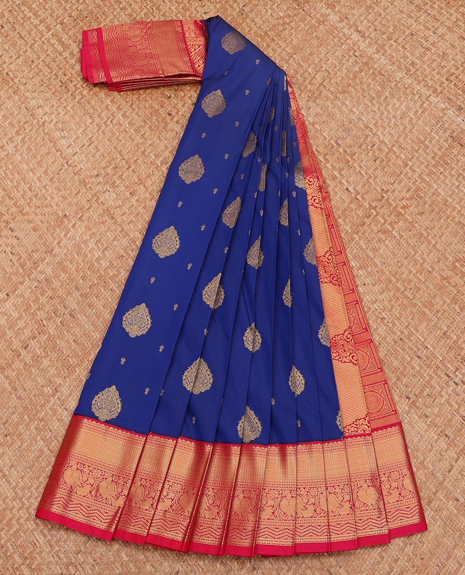 Blue Budget Silk Saree, Gleamed Up with Zari Buttas, Complemented by Contrast Traditional Zari Border, Grand Pallu, and Contrast Blouse