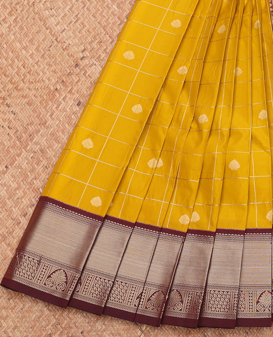 Mustard Budget Silk Saree, Beautifully Bedecked with Zari Butta Enclosed Checks, Complemented by a Contrast Traditional Zari Border, Grand Pallu, and a Contrast Blouse