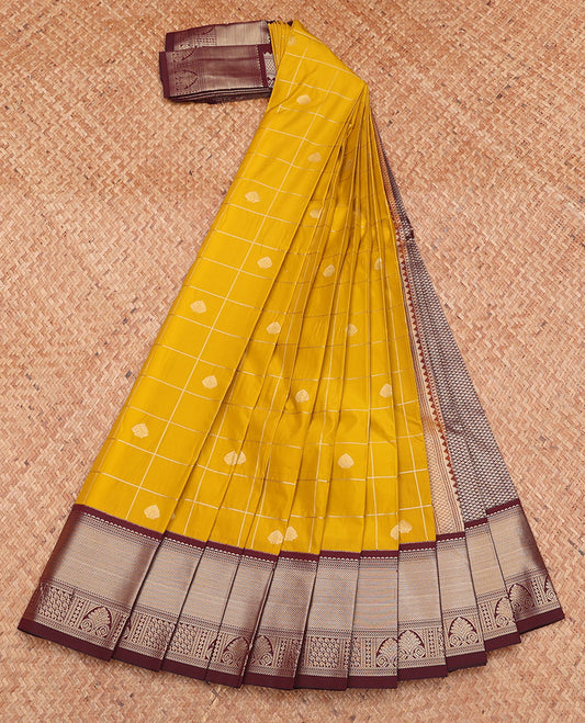 Mustard Budget Silk Saree, Beautifully Bedecked with Zari Butta Enclosed Checks, Complemented by a Contrast Traditional Zari Border, Grand Pallu, and a Contrast Blouse