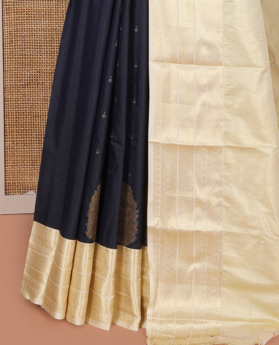 Blue Budget Silk Saree, Featuring Zari Buttas on Its Body, Complemented by a Contrast Traditional Zari Design Border, Intricately Designed Pallu, and Paired with a Contrast Blouse