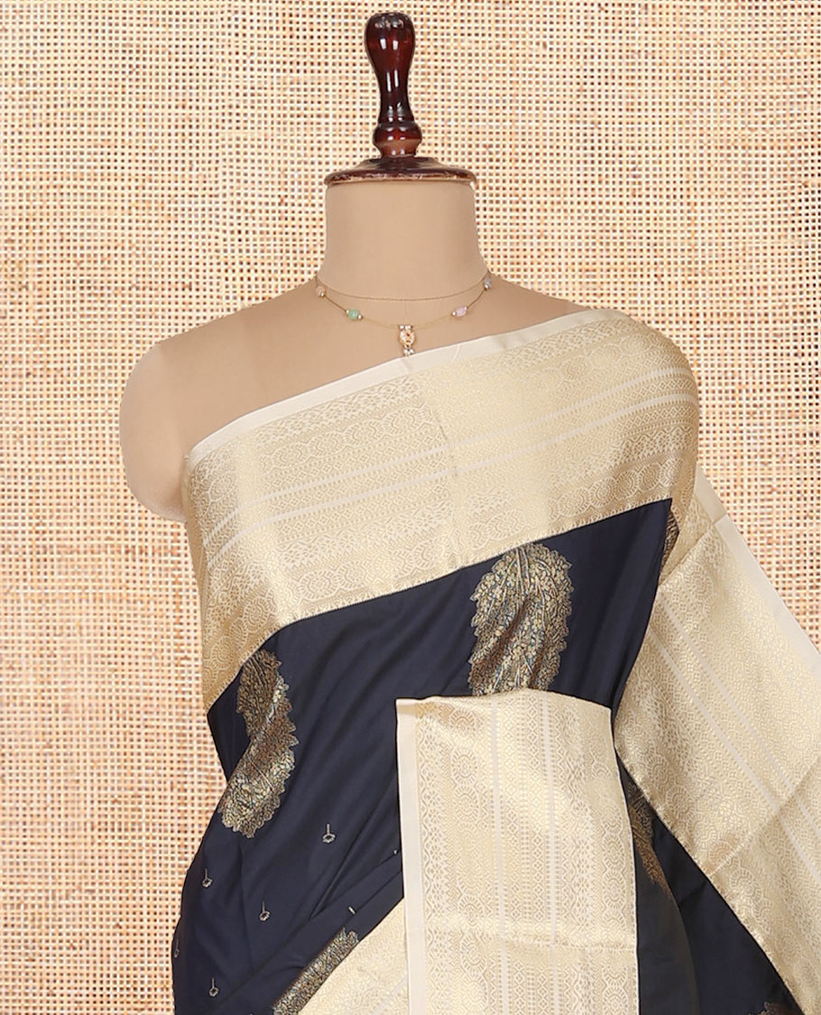 Blue Budget Silk Saree, Featuring Zari Buttas on Its Body, Complemented by a Contrast Traditional Zari Design Border, Intricately Designed Pallu, and Paired with a Contrast Blouse