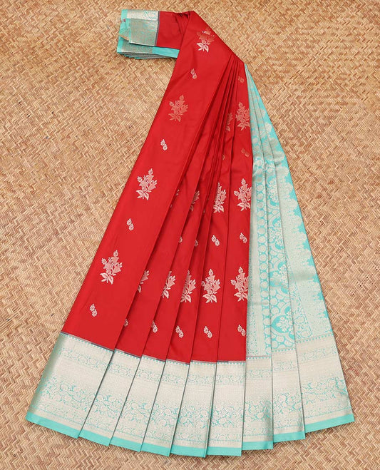 Red Budget Silk Saree, Enthralled with Zari Buttas, Complemented by Contrast Traditional Zari Border, a Grand Pallu and a Contrast Blouse