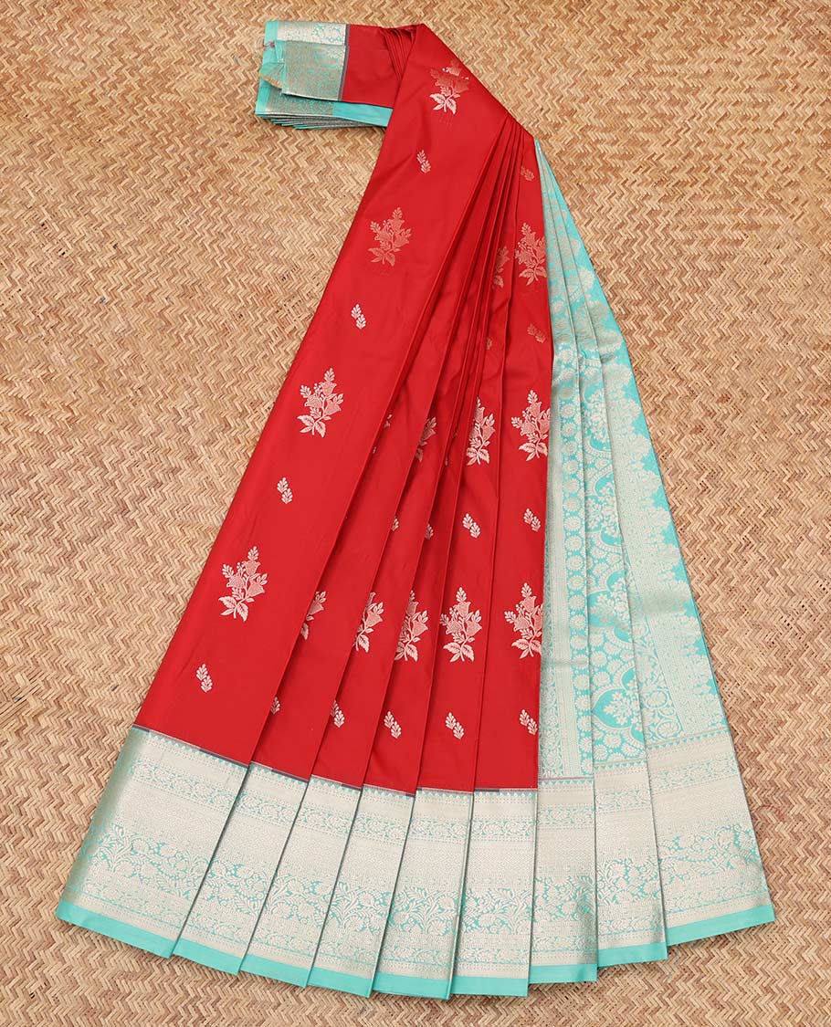 Red Budget Silk Saree, Enthralled with Zari Buttas, Complemented by Contrast Traditional Zari Border, a Grand Pallu and a Contrast Blouse