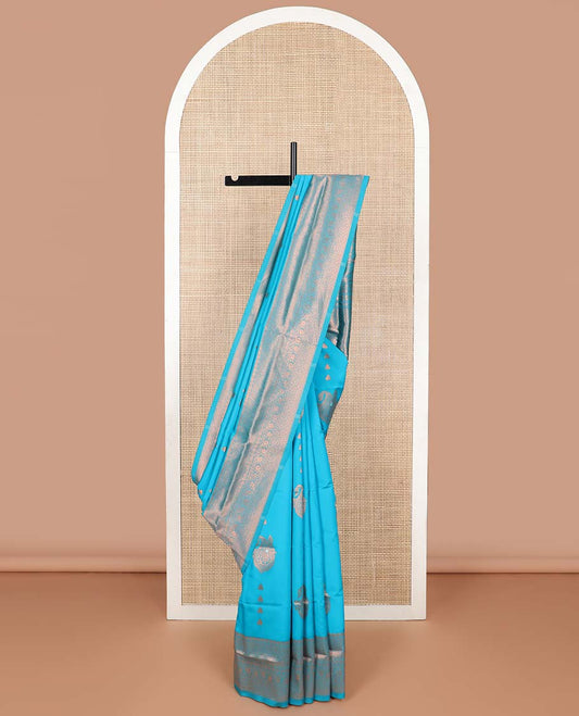 Blue floral motifs butter silk saree with self intricate zari design border & floral design pallu