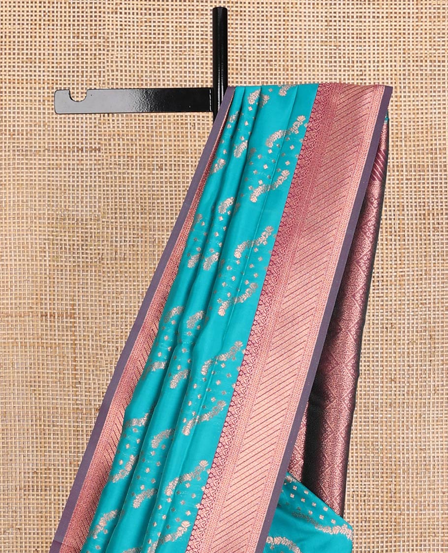 Blue butter silk saree with floral zari designs, contrast traditional zari design & jaal pallu