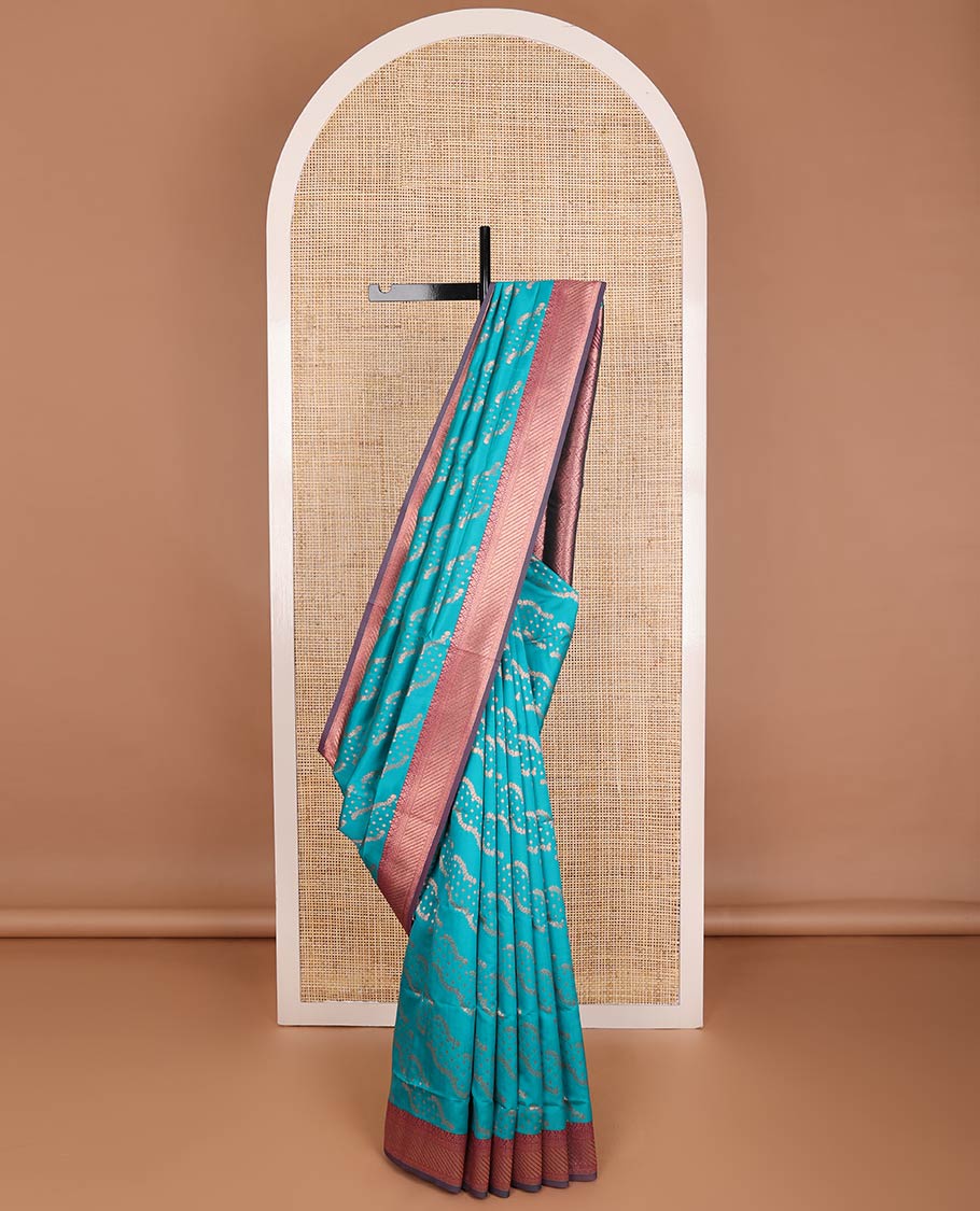 Blue butter silk saree with floral zari designs, contrast traditional zari design & jaal pallu