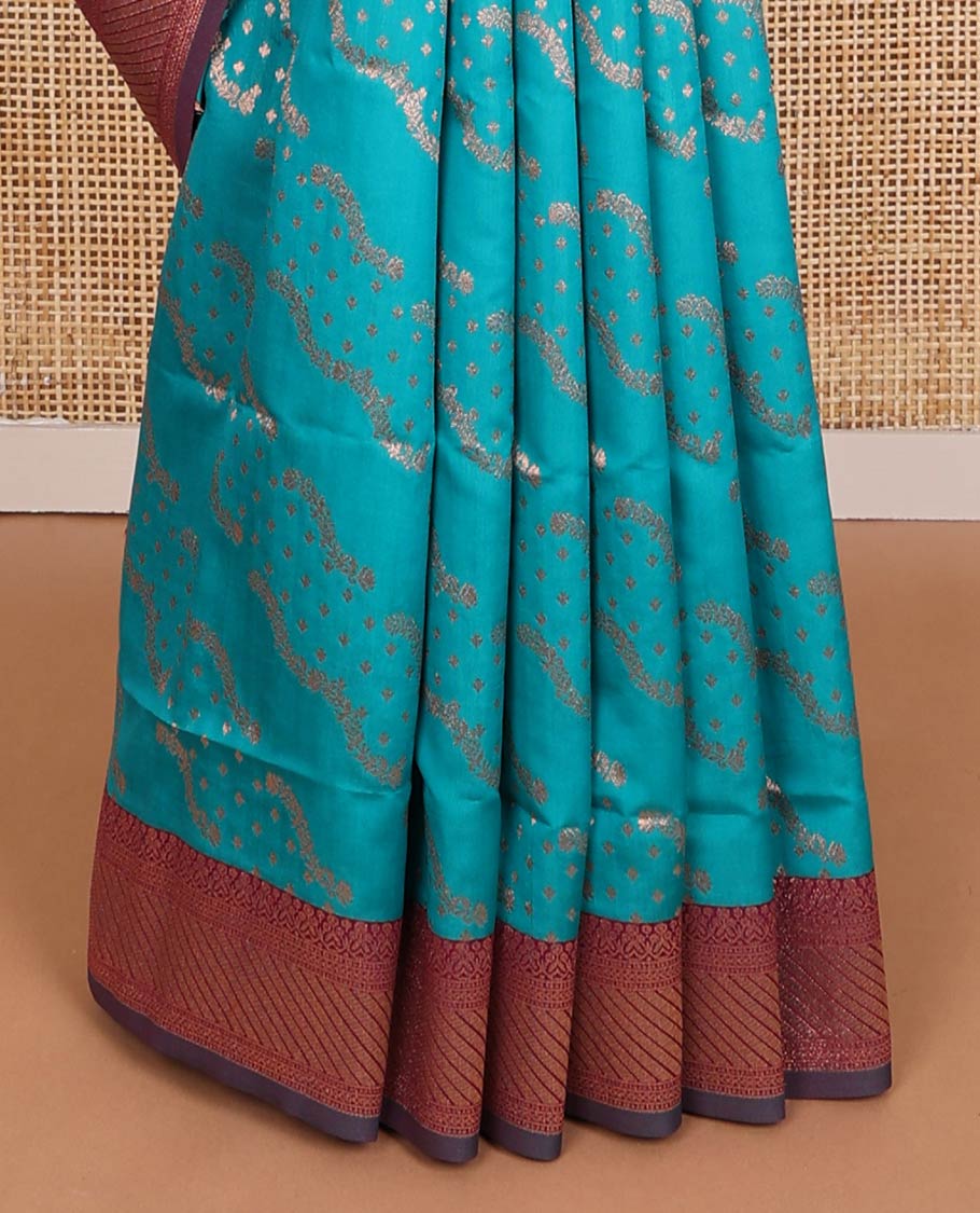Blue butter silk saree with floral zari designs, contrast traditional zari design & jaal pallu