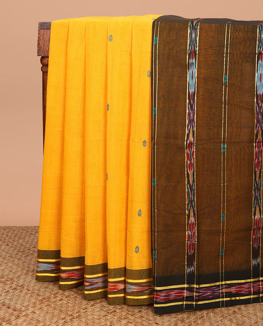 Yellow buttas Andhra cotton saree, contrast ikkat border, and pallu of ikkat designs
