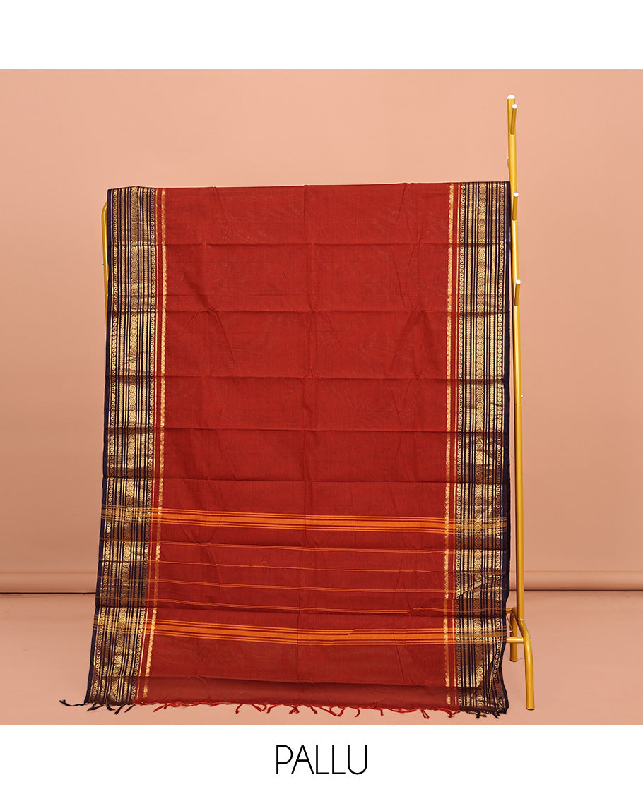 Rust Plain Chettinad Cotton Saree, Complemented by a Contrasting Traditional Zari Design Border, Subtly Striped Pallu, and Paired with a Matching Blouse