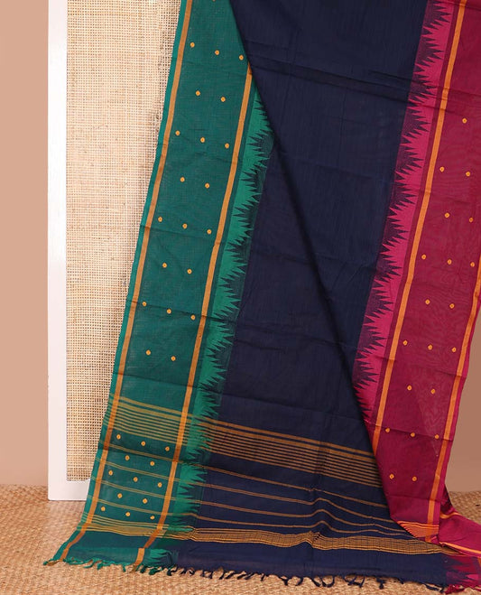 Navy blue plain design chettinad cotton saree, contrast ganga jamuna temple border of rudraksham motifs, and striped pallu