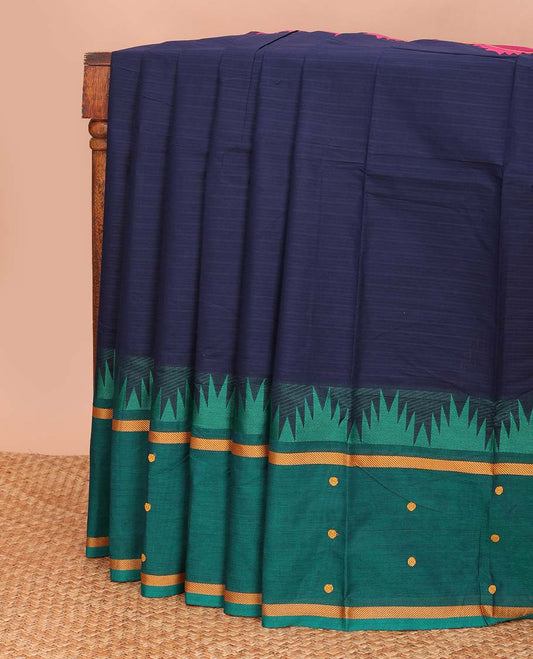 Navy blue plain design chettinad cotton saree, contrast ganga jamuna temple border of rudraksham motifs, and striped pallu