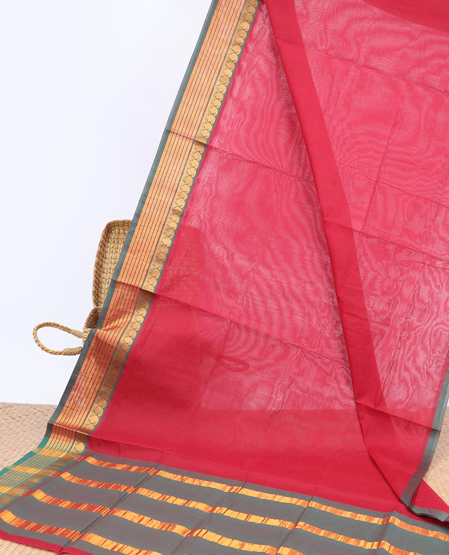 Red plain design Vengatagiri cotton saree, contrast traditional zari design border & striped pallu