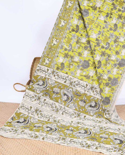 Green Pichwai cow machine-printed kalamkari cotton saree, contrast Pichwai cow border & intricate pallu
