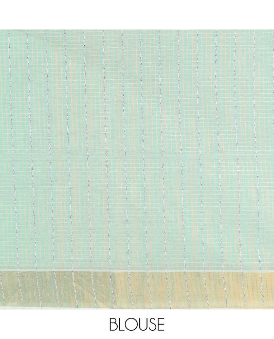 Green sparsely striped jute cotton saree, zari bavanji border, and zari striped pallu