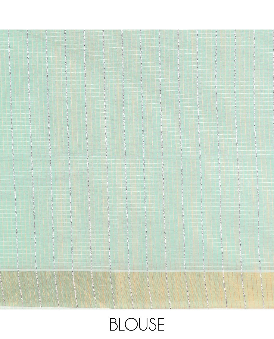 Green sparsely striped jute cotton saree, zari bavanji border, and zari striped pallu