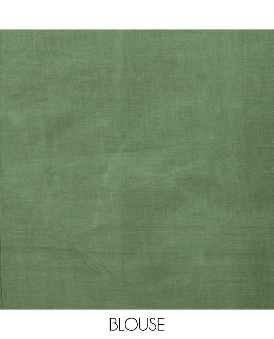 Borderless green and white tropical floral theme printed mixed cotton saree, tropical floral printed pallu