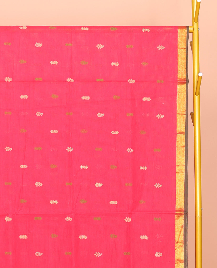 Pink Venkatagiri Cotton Saree, Bedecked with Buttas, a Contrast Floral Design Zari Border, Pallu of Buttas and Stripes, and No Blouse
