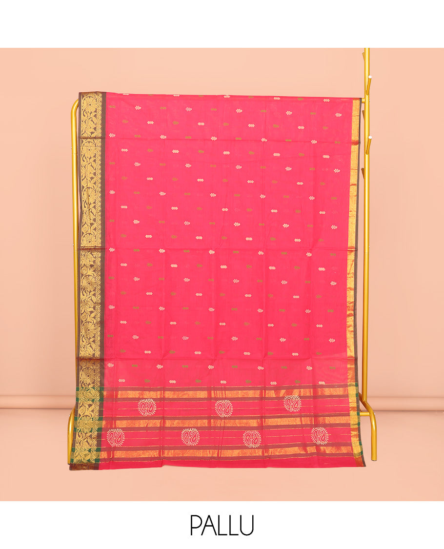 Pink Venkatagiri Cotton Saree, Bedecked with Buttas, a Contrast Floral Design Zari Border, Pallu of Buttas and Stripes, and No Blouse
