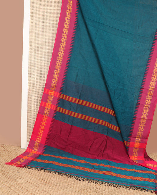 Blue plain design Kadhi cotton saree, contrast contrast star & temple motifs thread border & striped pallu